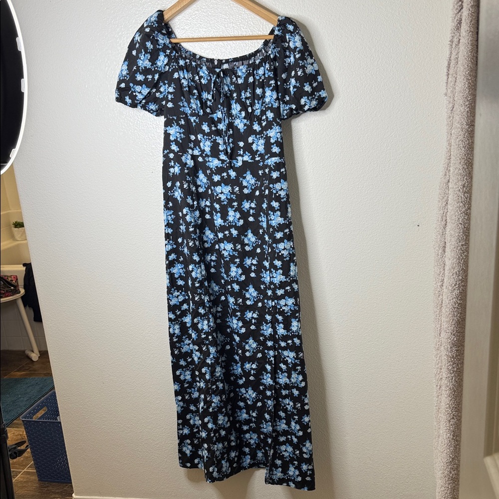 Chic Black Maxi Dress with Blue Floral Design